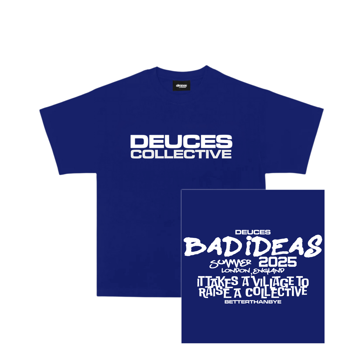 Blue t-shirt with 'Deuces Collective' text on a white background