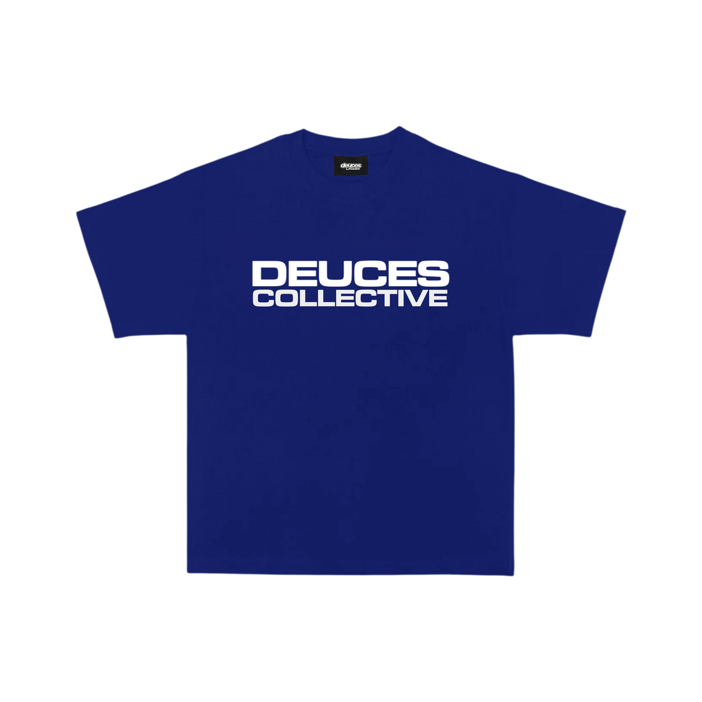 Blue t-shirt with 'Deuces Collective' text on a white background