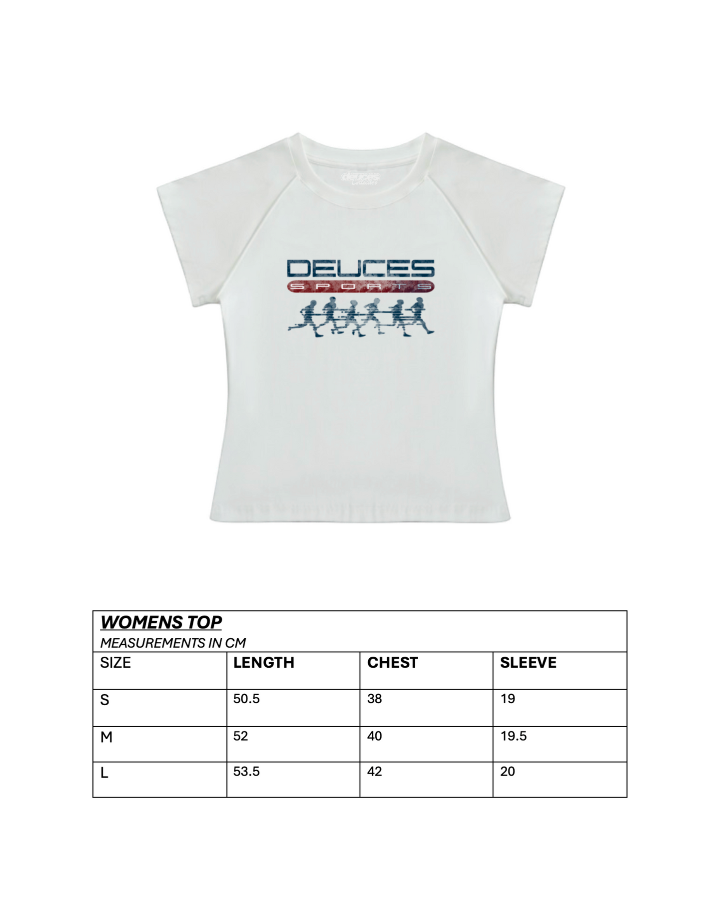 White women's top with 'Deuces' logo and size chart on a white background