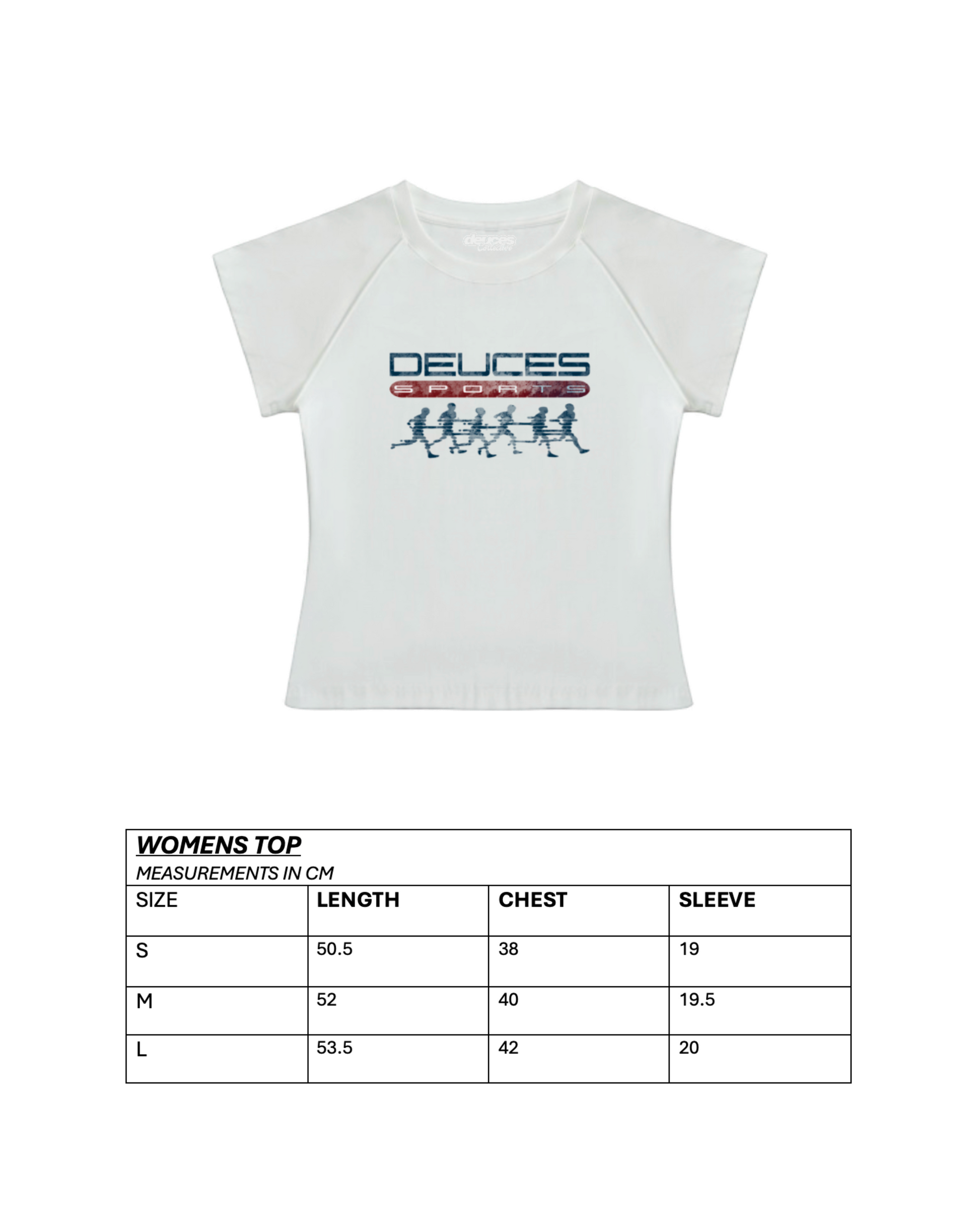 White women's top with 'Deuces' logo and size chart on a white background