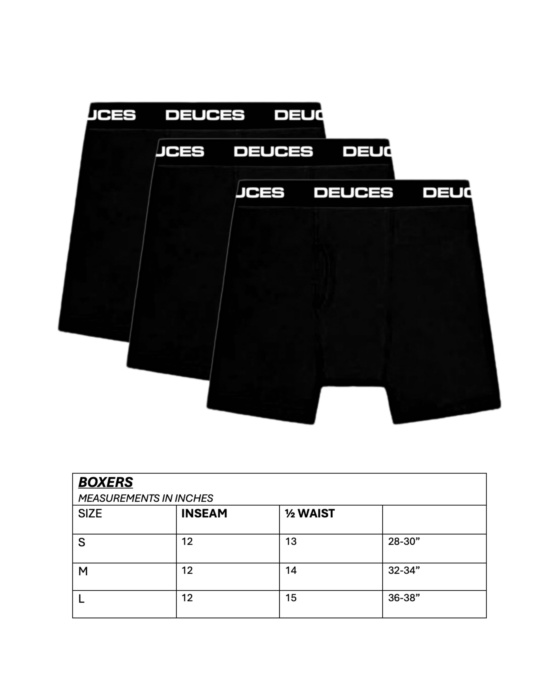 Three black boxer briefs with 'Deuces' branding on a white background, accompanied by a size chart.