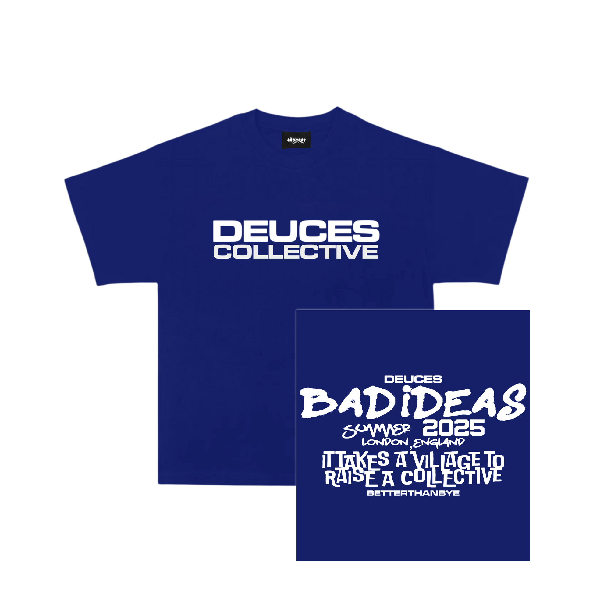Blue t-shirt with 'Deuces Collective' text on a white background