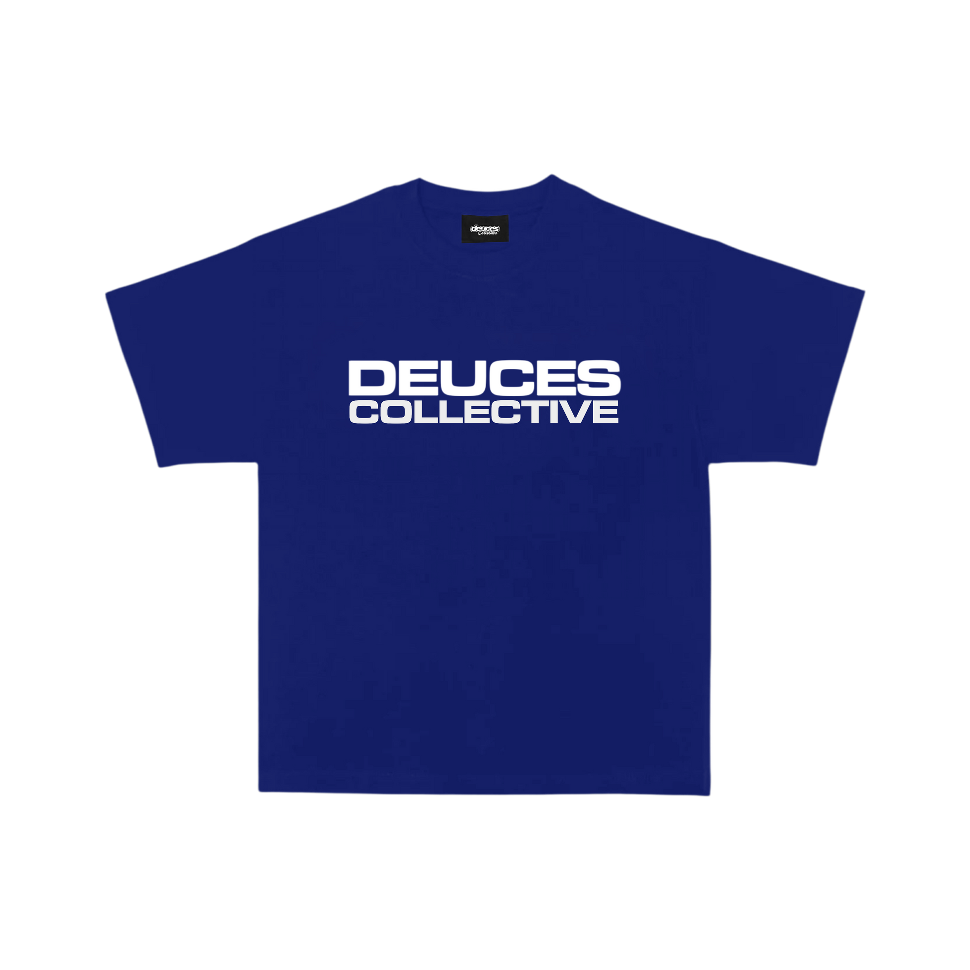 Blue t-shirt with 'Deuces Collective' text on a white background