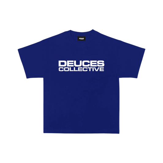 Blue t-shirt with 'Deuces Collective' text on a white background